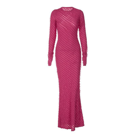 Textured long sleeve crewneck ruffle solid maxi dress