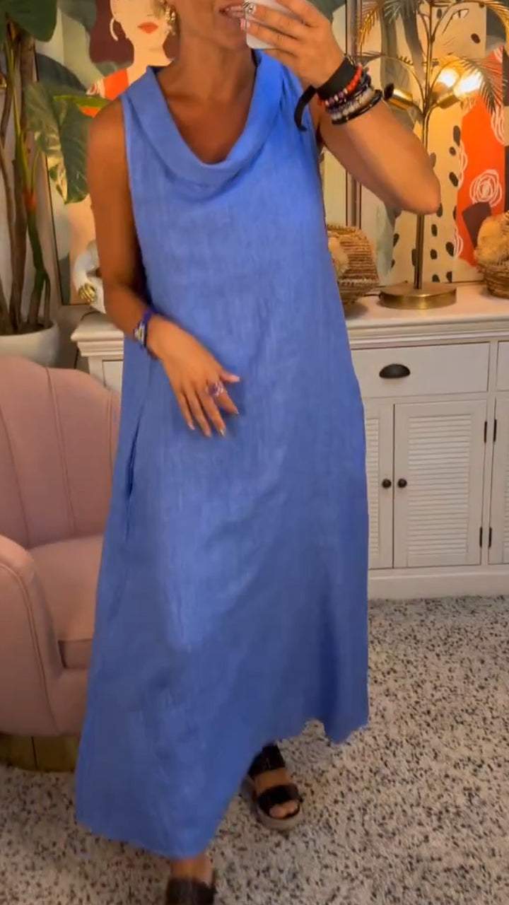 Neck Sleeveless Cotton and Linen Dress