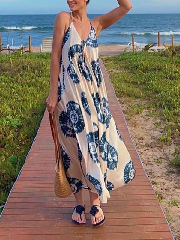 casual resort V-neck suspender tie-dye long skirt