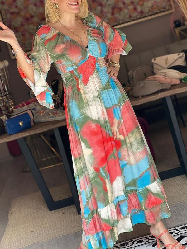 V-neck Printed Bell Sleeve Dress