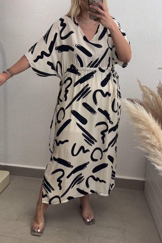 Women's graffiti print v-neck drawstring waist dress