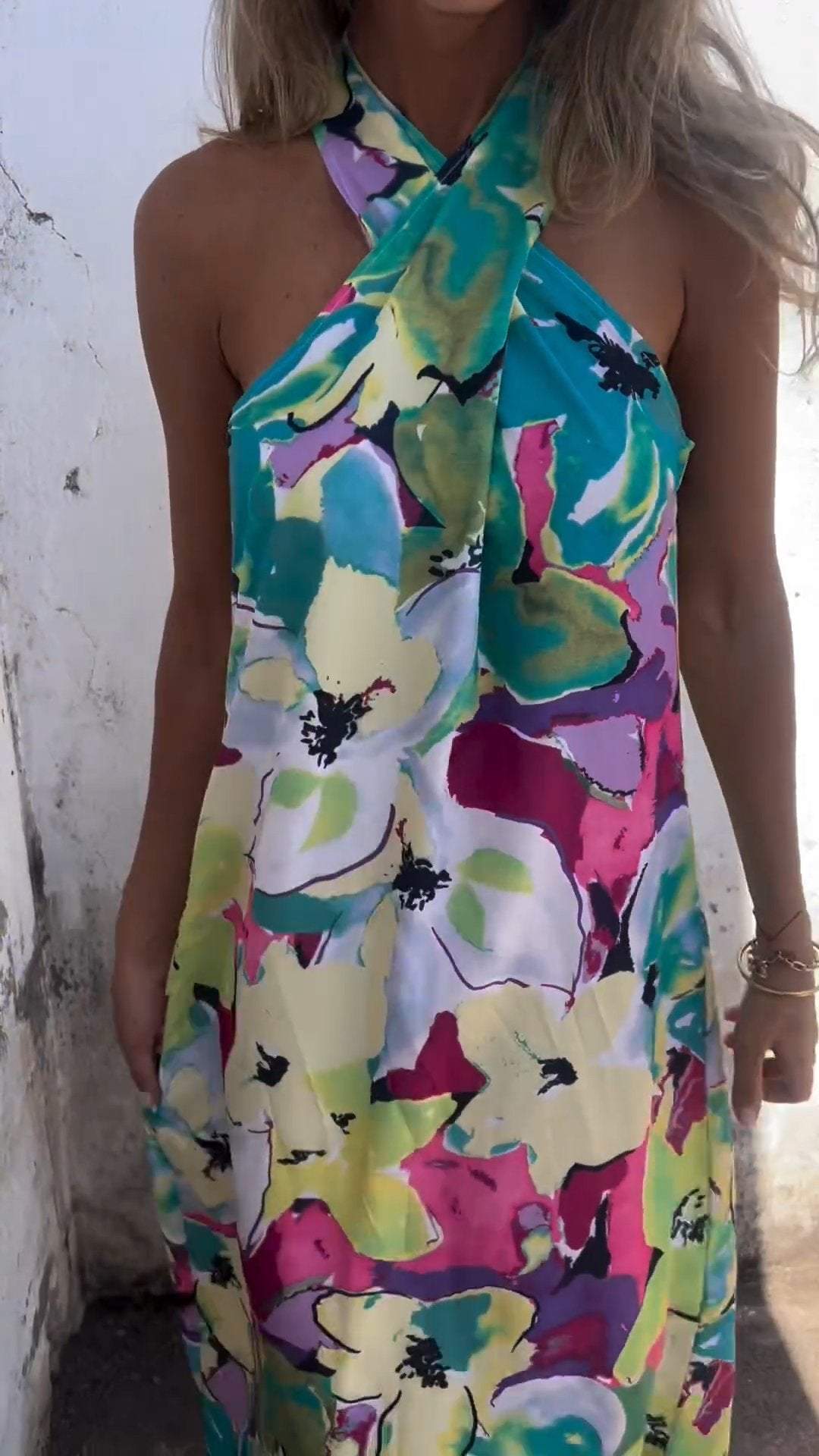 Cross Halter Neck Printed Dress