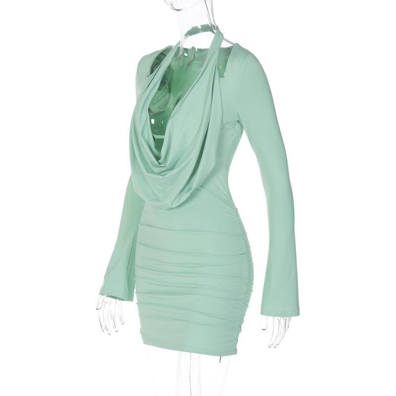 Long sleeve cowl neck halter solid mini dress