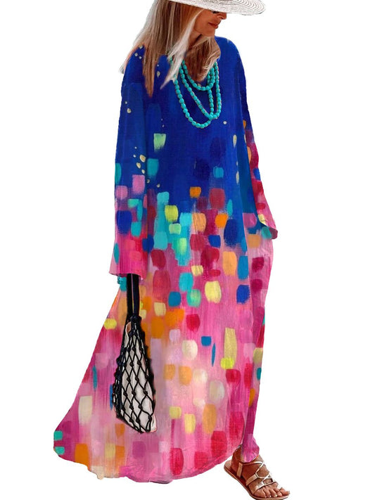 Cotton and Linen Colorful Geometric Printed Casual Holiday Long Sleeve Maxi Dress