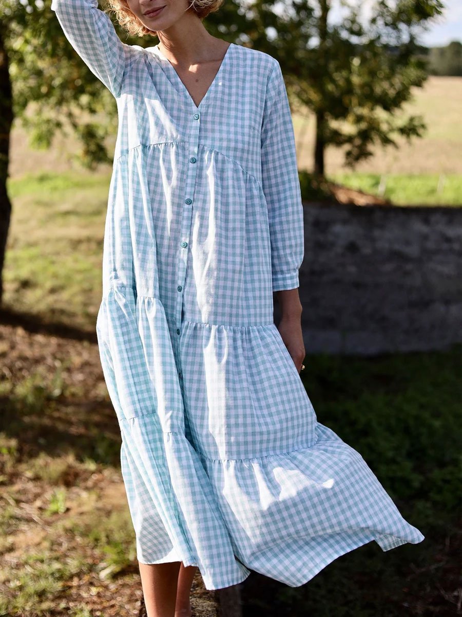 V-Neck Plaid Printed Casual Loose Shirt-Style Long-Sleeved Midi Dress