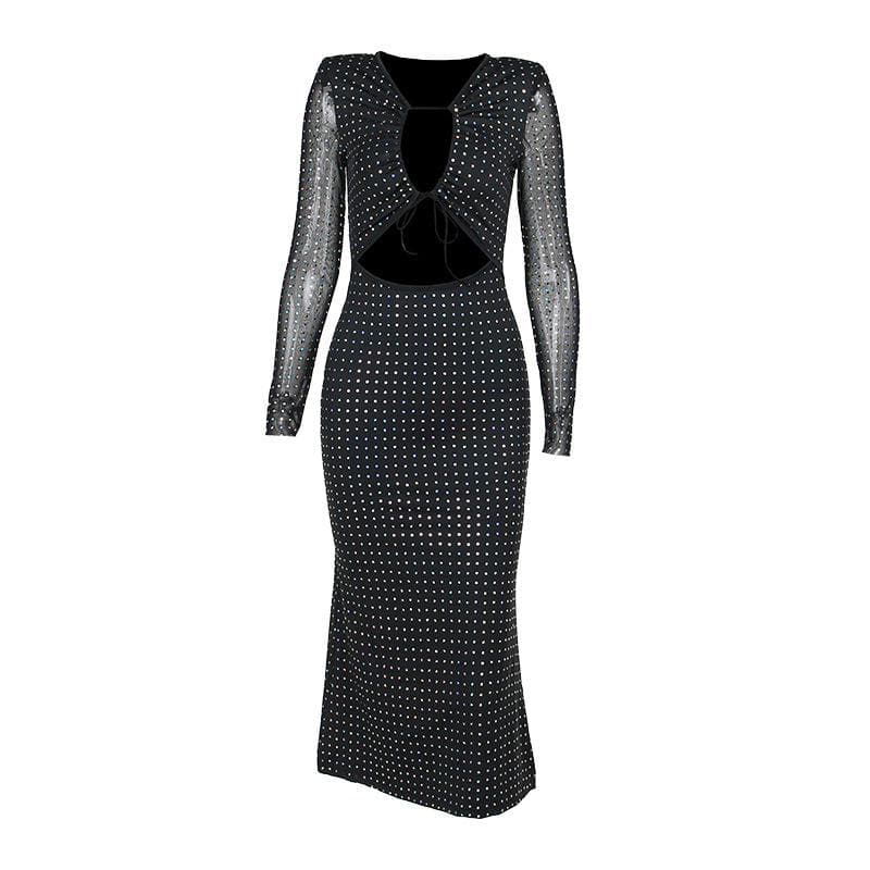 Polka dot contrast hollow out long sleeve mesh cut out midi dress