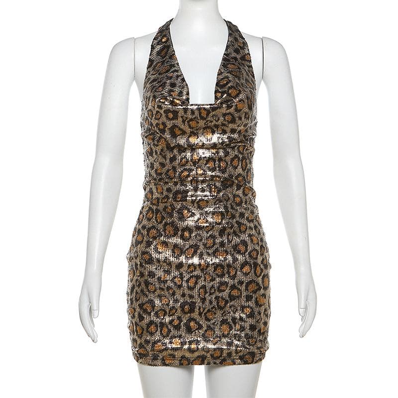 Halter cowl neck leopard print glitter mini dress