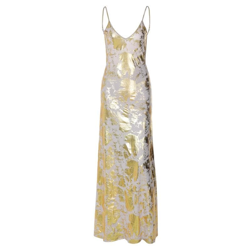 V neck backless metallic print contrast cami maxi dress