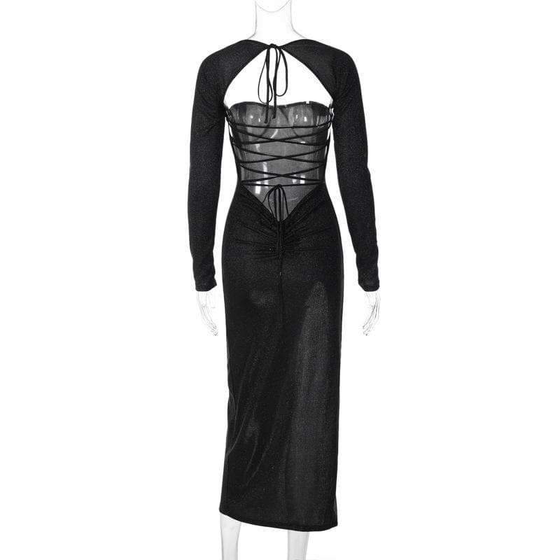 Textured long sleeve lace up self tie slit irregular ruched midi dress