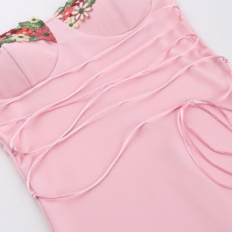 Flower embroidery contrast lace up sleeveless midi dress