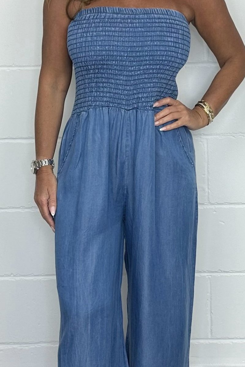 Women's washed denim jumpsuit