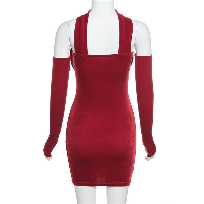 Velvet solid ruched gloves halter mini dress