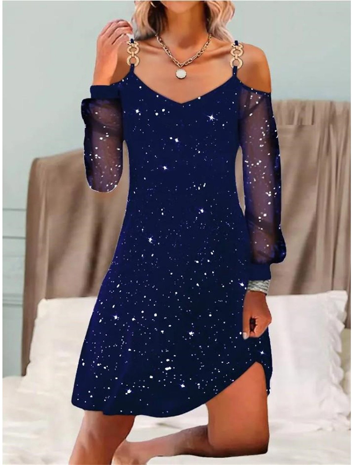 Party Dress Cocktail Dress Wedding Guest Dress Mini Dress Black Red Blue Long Sleeve Pure Color Mesh Spring Fall V Neck Fashion Wedding Guest Birthday Vacation