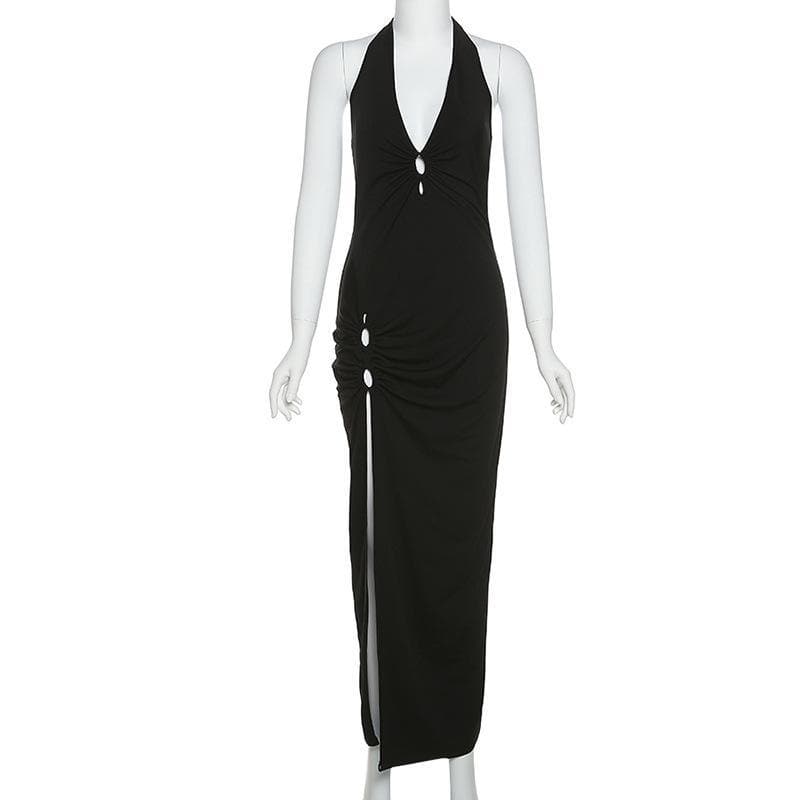 V neck hollow out ring slit solid cut out maxi dress