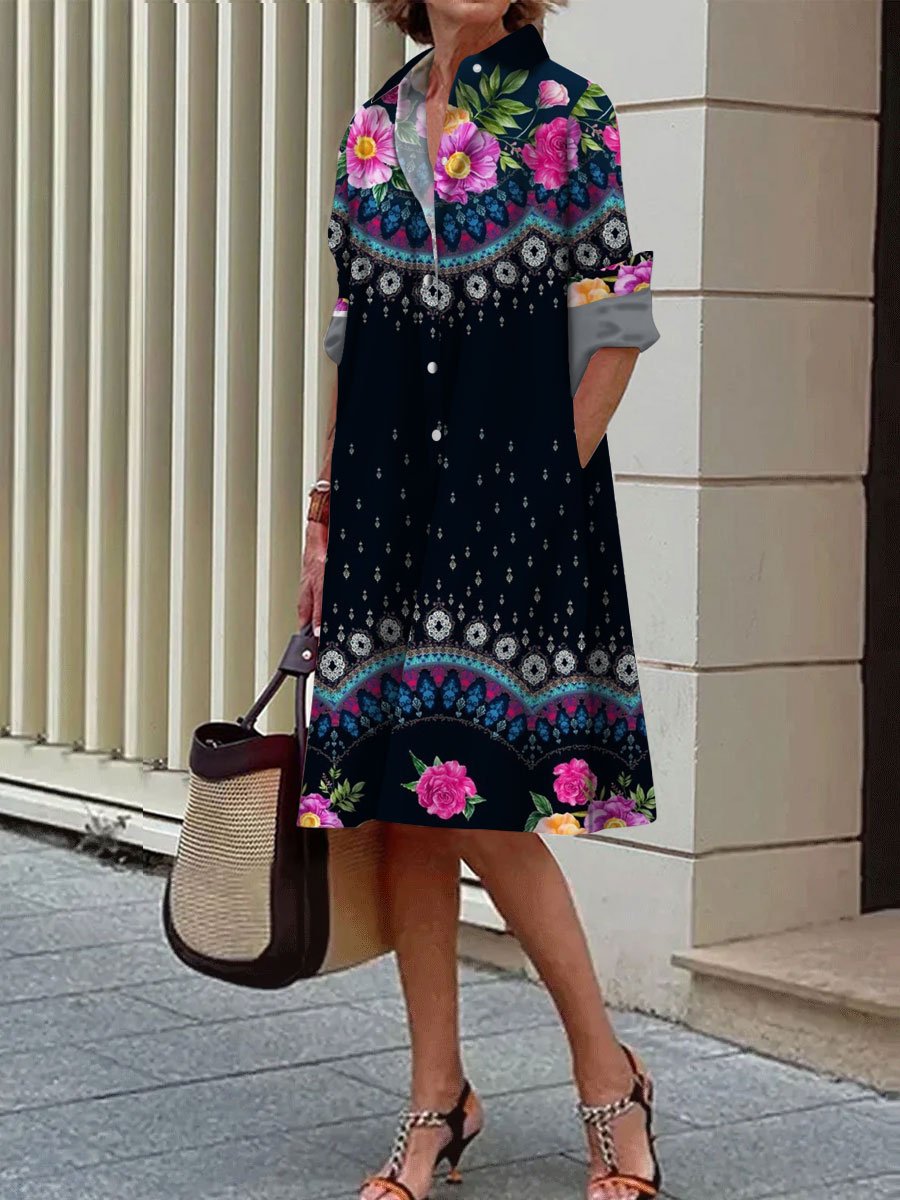 Casual Loose Ethnic Floral Print Long Sleeve Shirt Dress