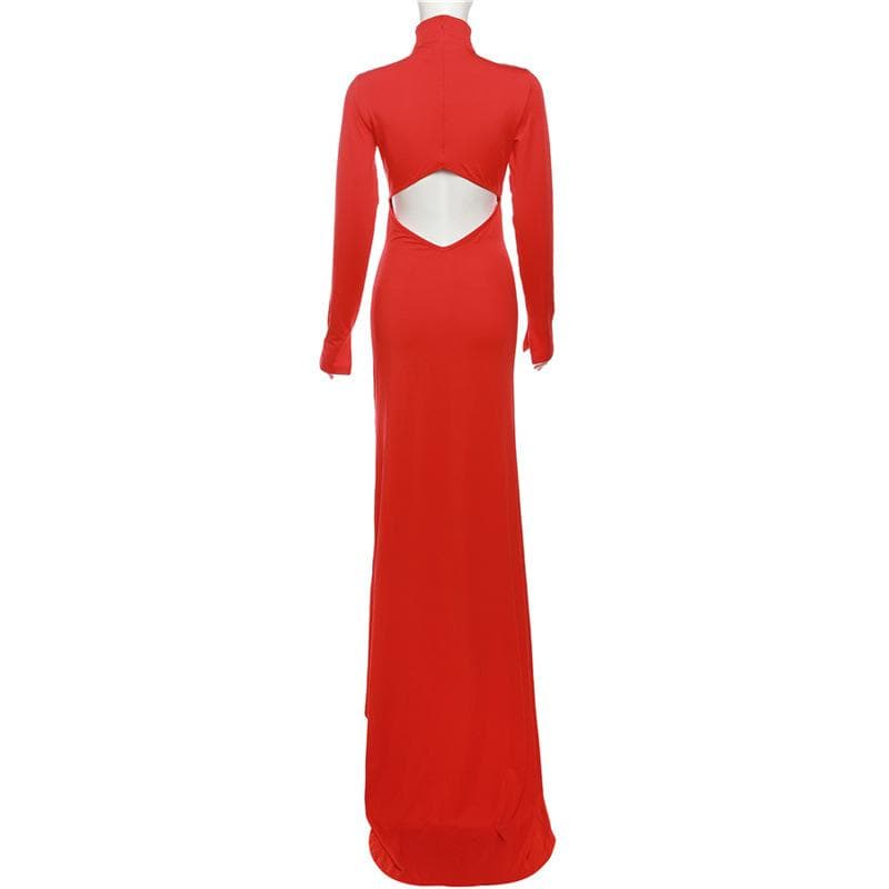 Hollow out solid long sleeve high neck zip-up cut out maxi dress