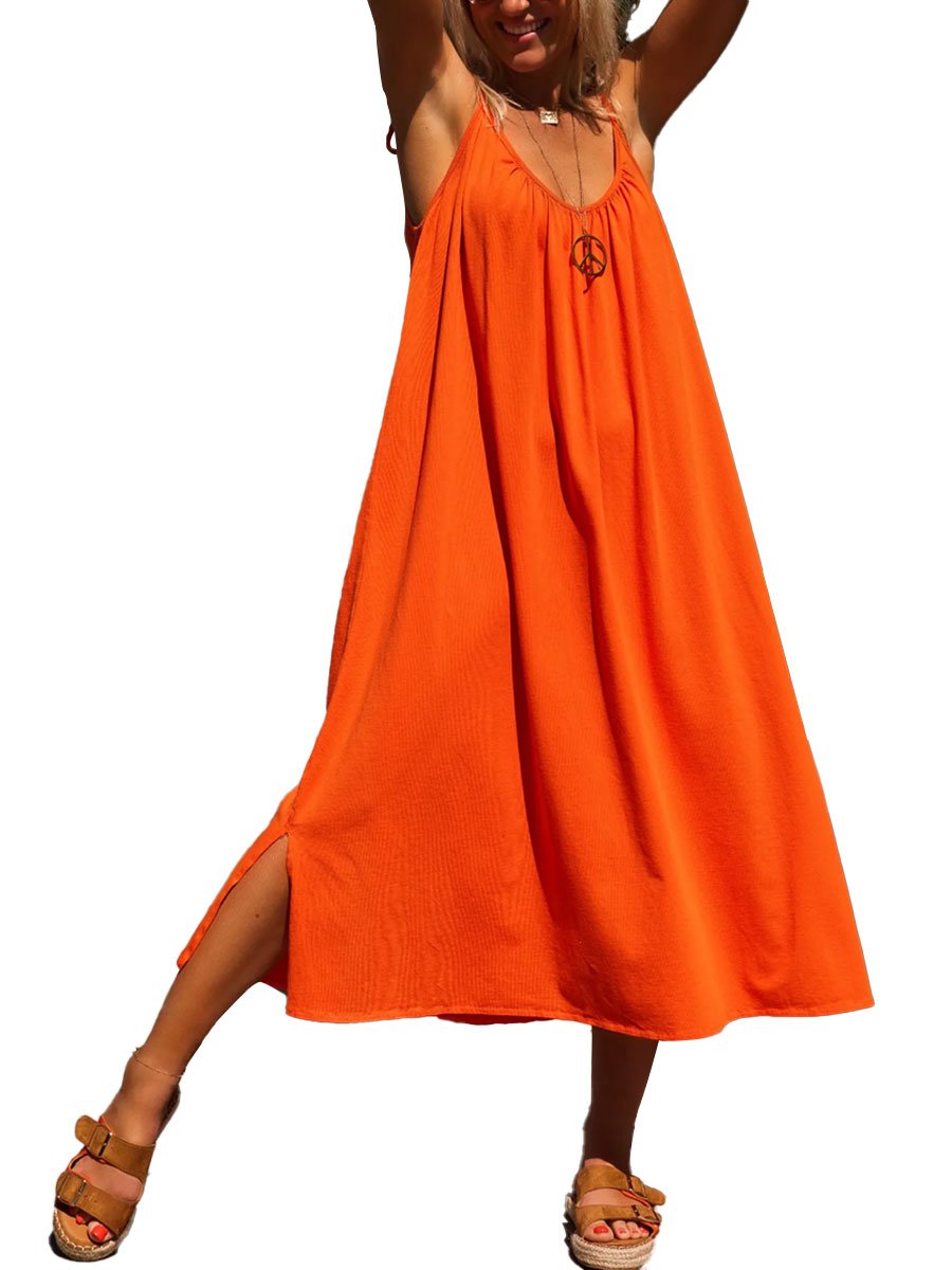 Solid Color Drawstring Loose Sleeveless Holiday Midi Dress