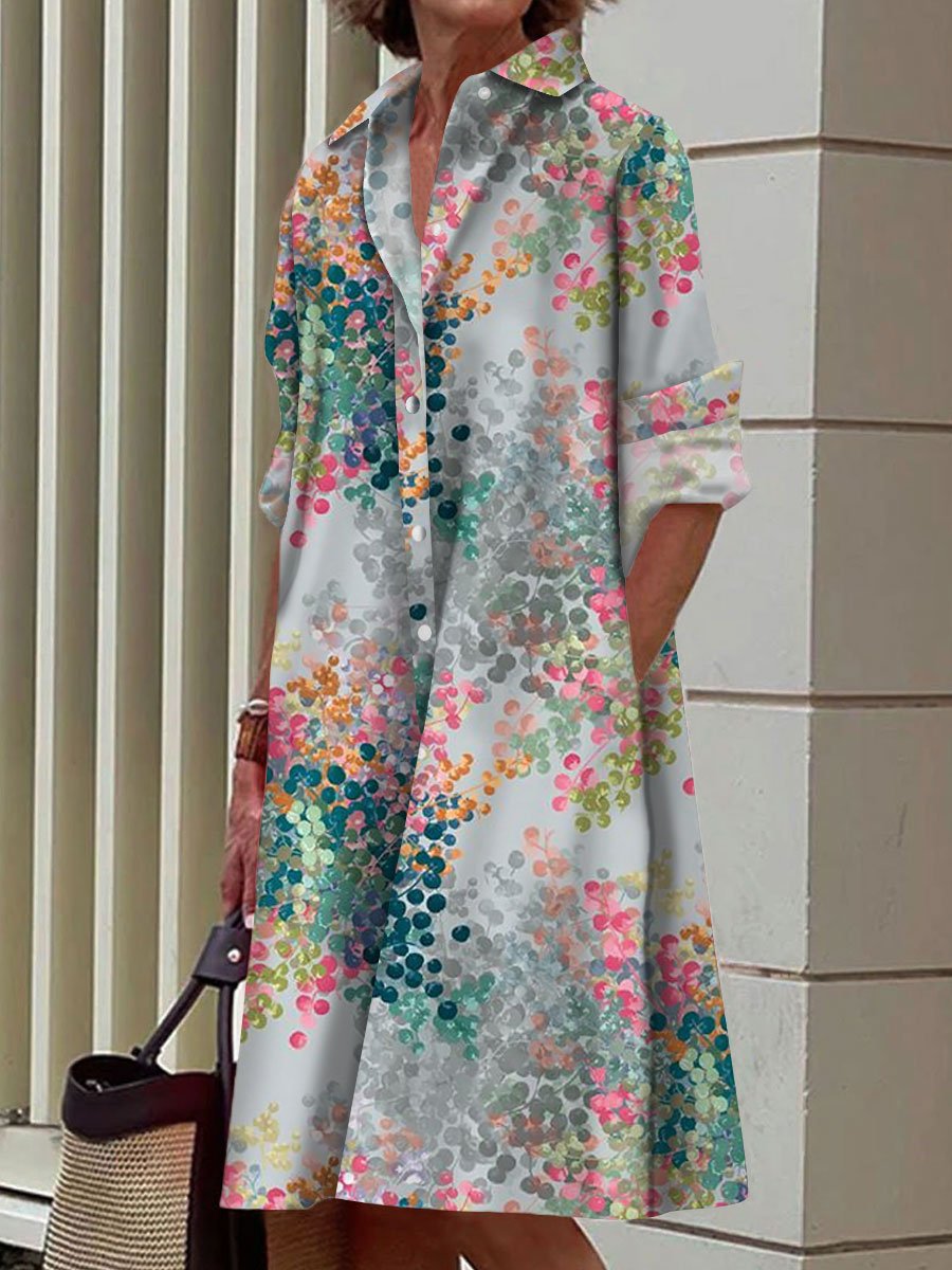 Gradient Leaf Print Casual Loose Long-Sleeved Shirt Dress