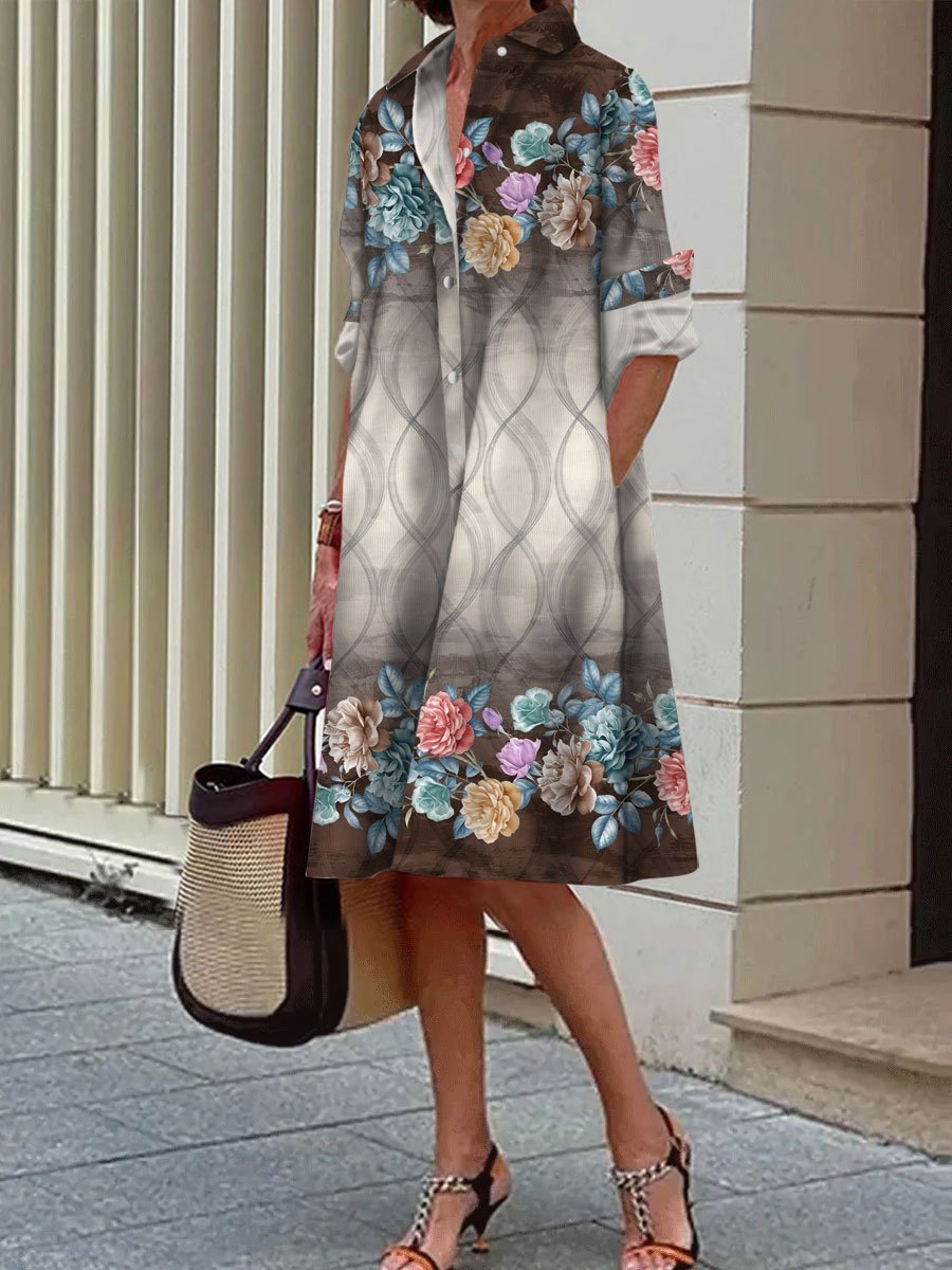 Floral Geometric Print Casual Loose Long Sleeve Shirt Dress