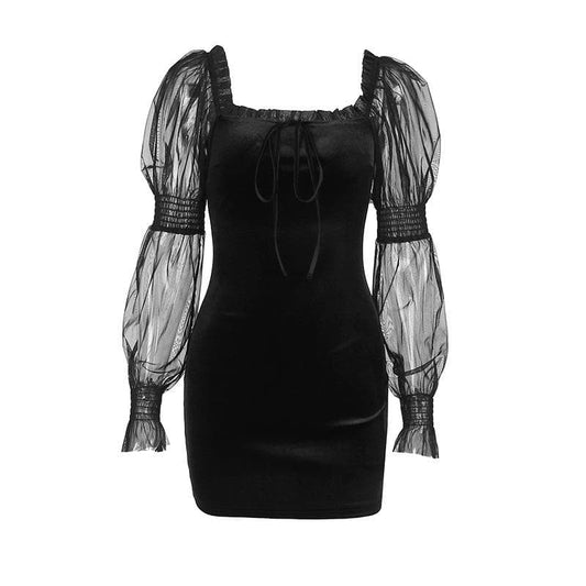 Velvet long puff sleeve ruffle mesh ruched square neck mini dress