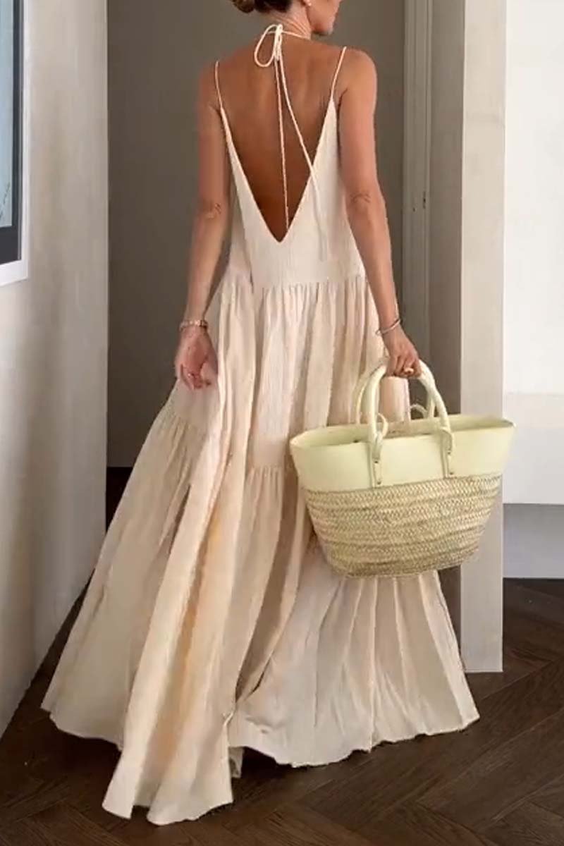 Women's casual solid color pleated beach strap maxi dress