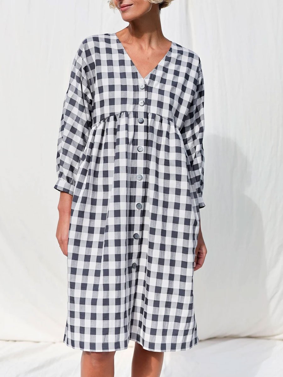 V-Neck Cotton And Linen Plaid Casual Loose Shirt Long-Sleeved Midi Dress