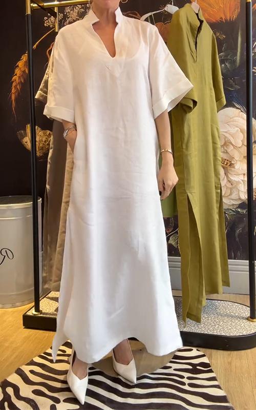 Casual V-neck Solid Color Cotton and Linen Dress