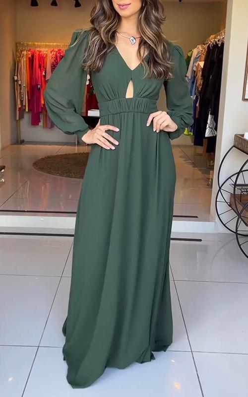 Women's V-neck Solid Color Lantern Sleeve Waist Dress