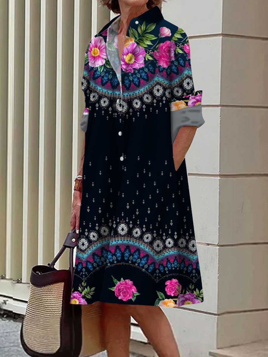 Casual Loose Ethnic Floral Print Long Sleeve Shirt Dress