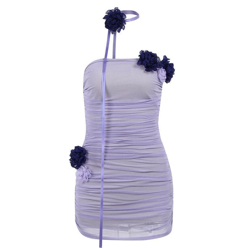 Ruched mesh flower applique backless tube mini dress