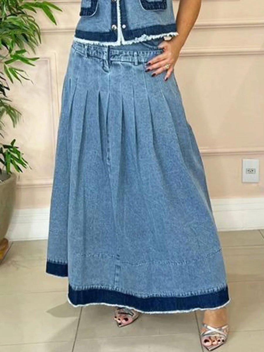 Loose Casual Pocket Elastic Waist Vintage Denim Skirt