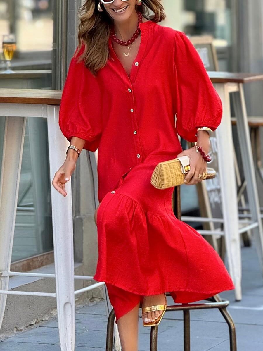 Casual Loose Holiday Lantern Sleeve Shirt Midi Dress