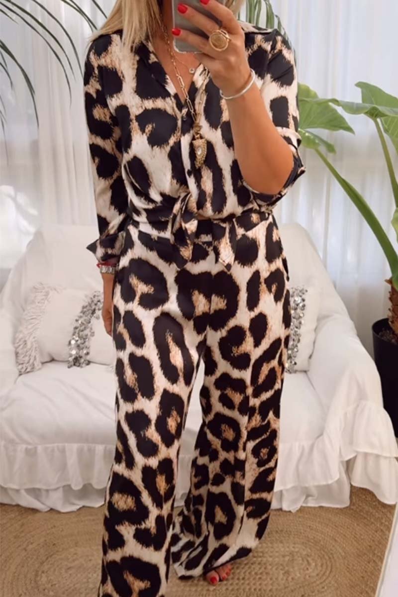 Women's Casual Leopard Print Wide Leg Pants Two Piece Set