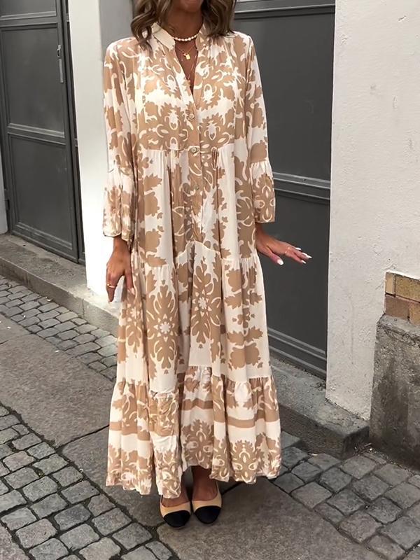 V-neck Printed Long-sleeved Loose Dress