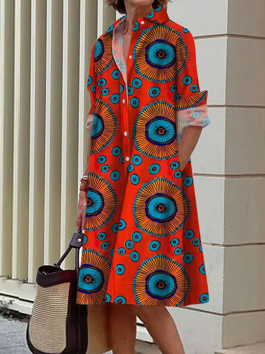 Retro Ethnic Print Casual Loose Long-Sleeved Shirt Dress