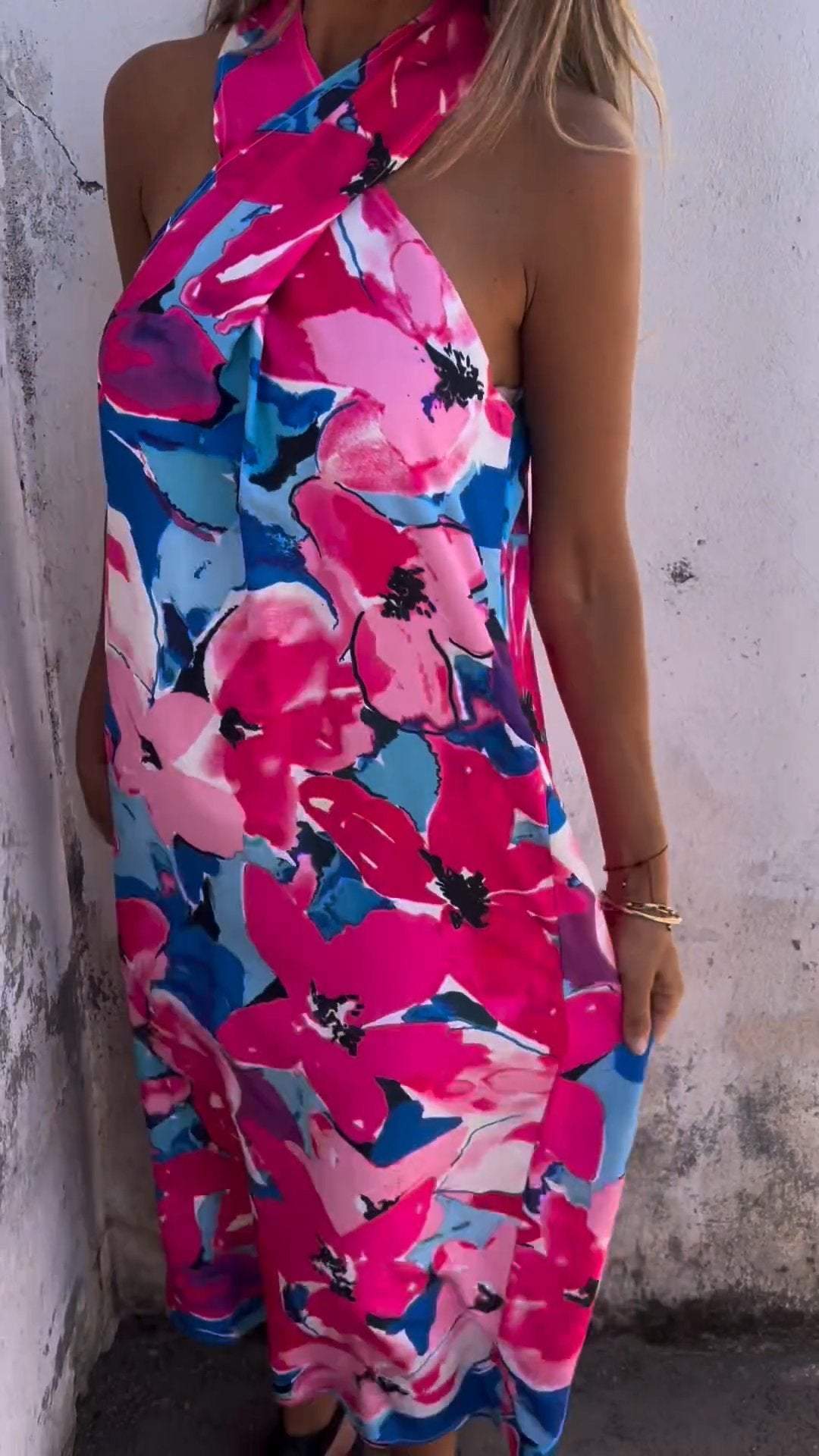 Cross Halter Neck Printed Dress