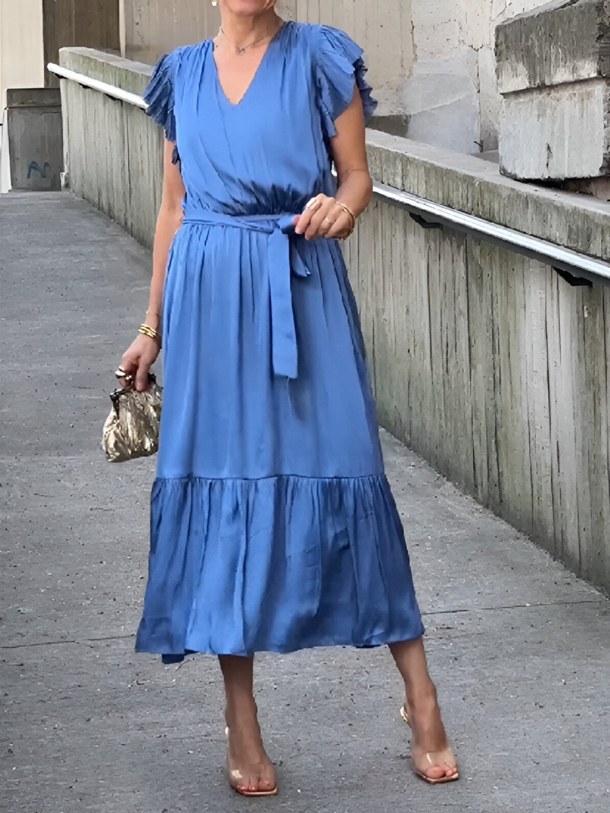 ruffled flying sleeves V-neck dress