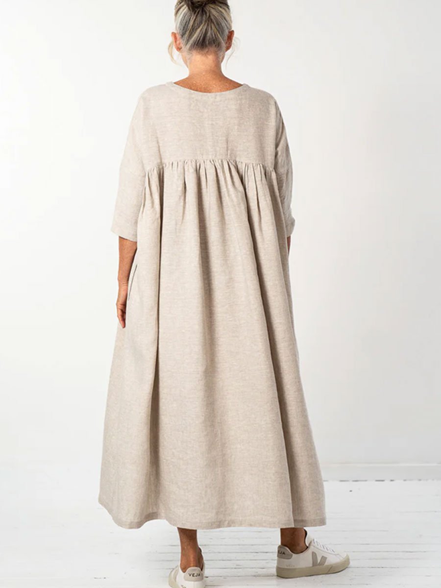 V-Neck Solid Color Cotton And Linen Casual Pocket Large Hem Mid-Sleeve Midi Dress