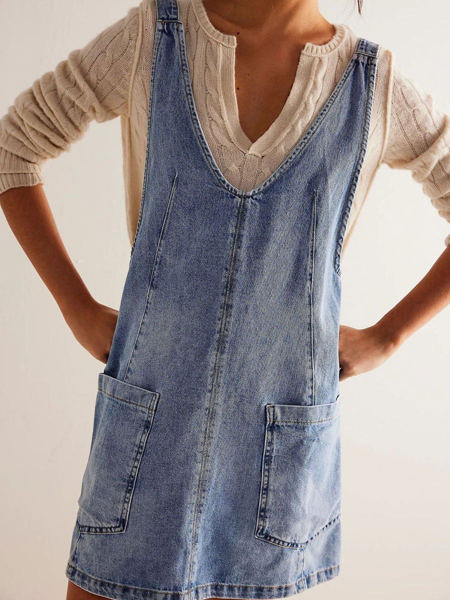 V-Neck Loose Casual Pocket Denim Sleeveless Mini Dress