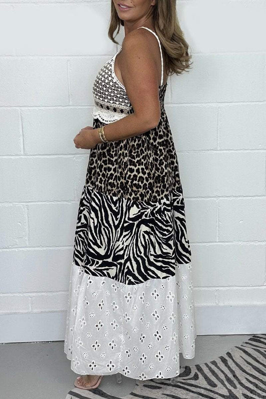 Women's Leopard Zebra Print Laser Cut Spaghetti Strap Maxi Dress