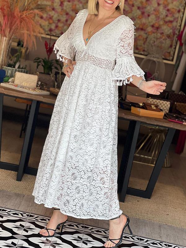 V-neck Bell Sleeves Cutout Lace Dress