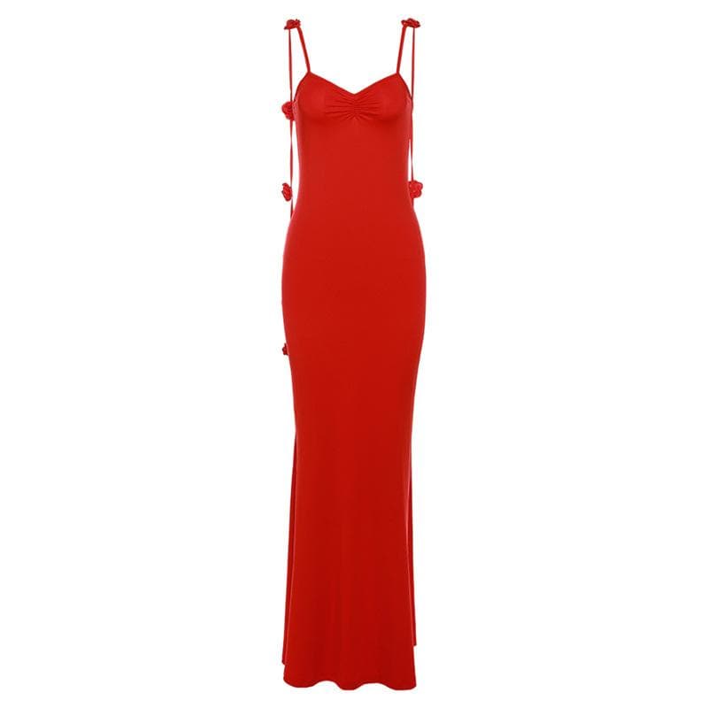 Flower applique backless solid v neck ribbon cami maxi dress