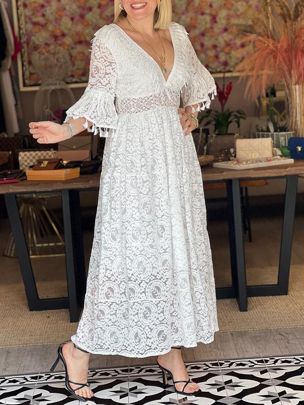 V-neck Bell Sleeves Cutout Lace Dress