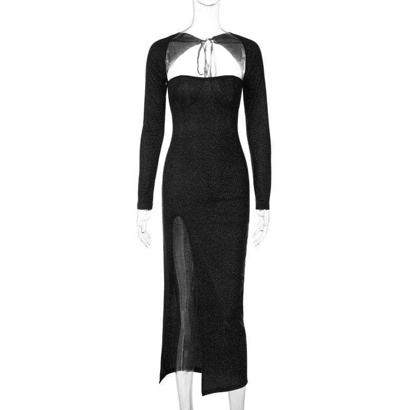 Textured long sleeve lace up self tie slit irregular ruched midi dress