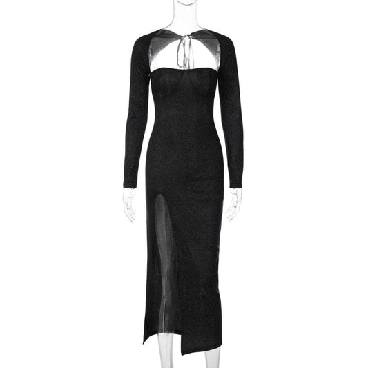 Textured long sleeve lace up self tie slit irregular ruched midi dress