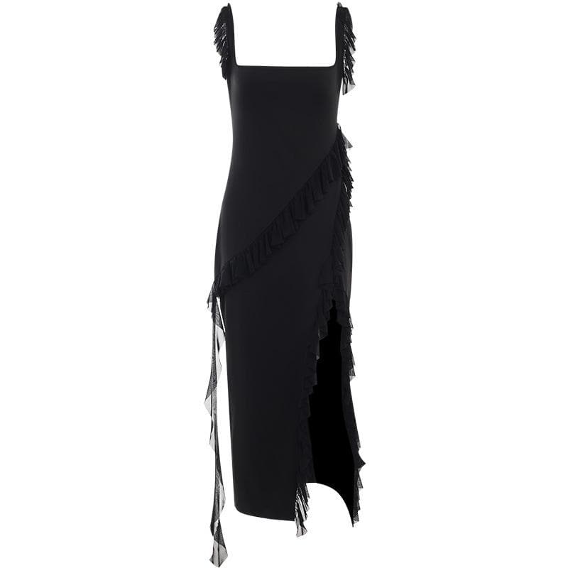 Ruffle cap sleeve slit square neck irregular solid maxi dress