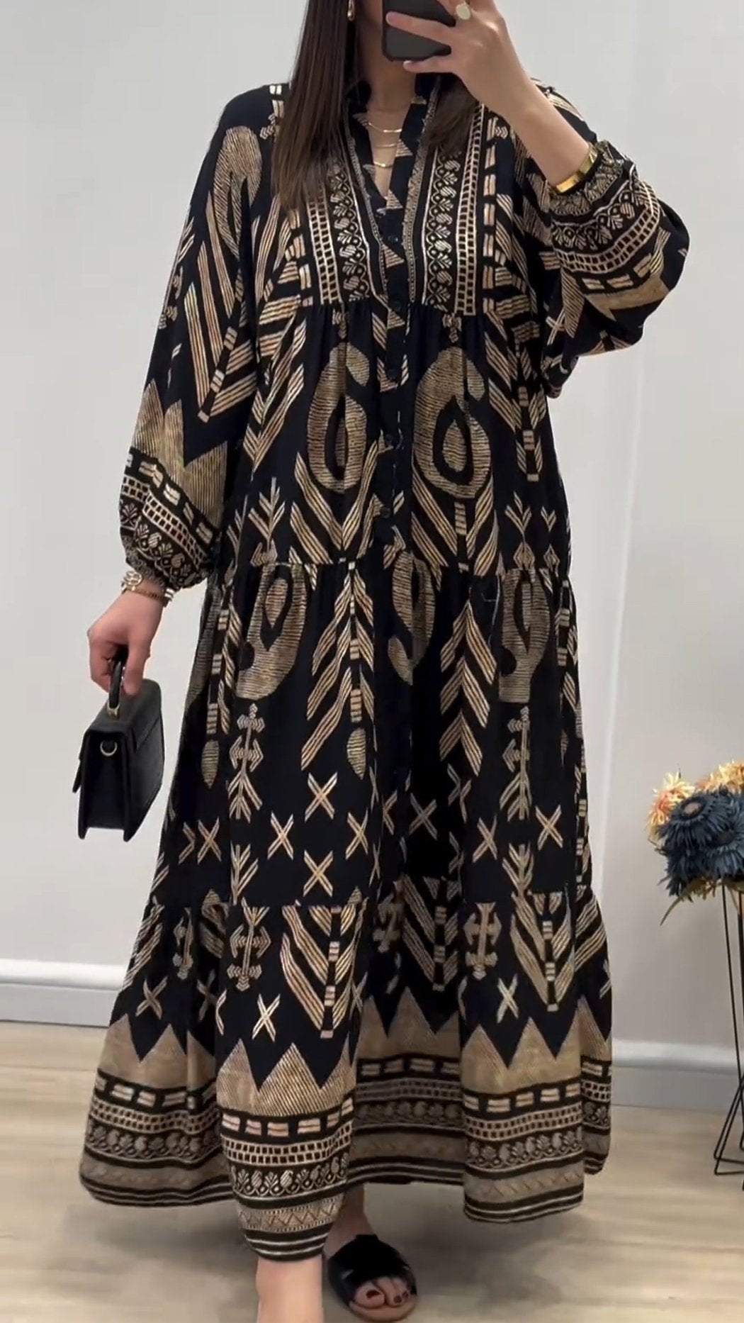 Casual V-neck Printed Long-sleeved Dress