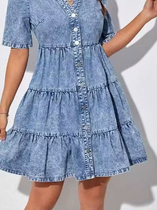 V-Neck Loose Denim Short-Sleeved Cake Cardigan Mini Dress