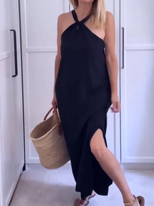 casual halterneck slit cotton and linen dress