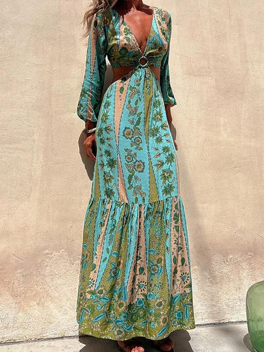 Printed side cutouts and stretch-waist maxi dress